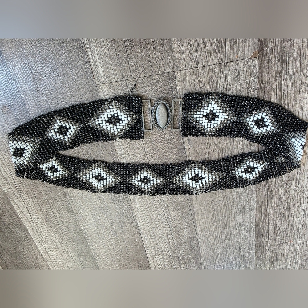 Boho Beaded Ethnic Native Black White Pearl Belt XL Classy Vintage